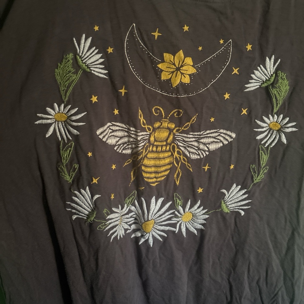 Embroidered Bee and Floral Black Top